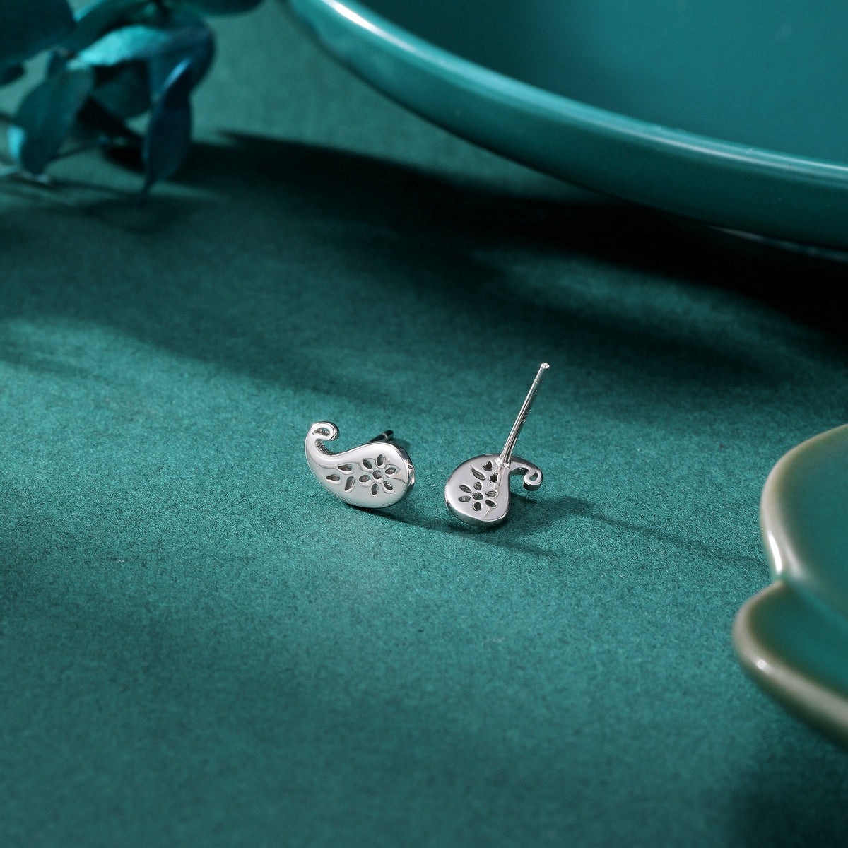 Paisley Pattern Stud Earrings in Sterling Silver, Silver or Gold, Small Stacking Earrings
