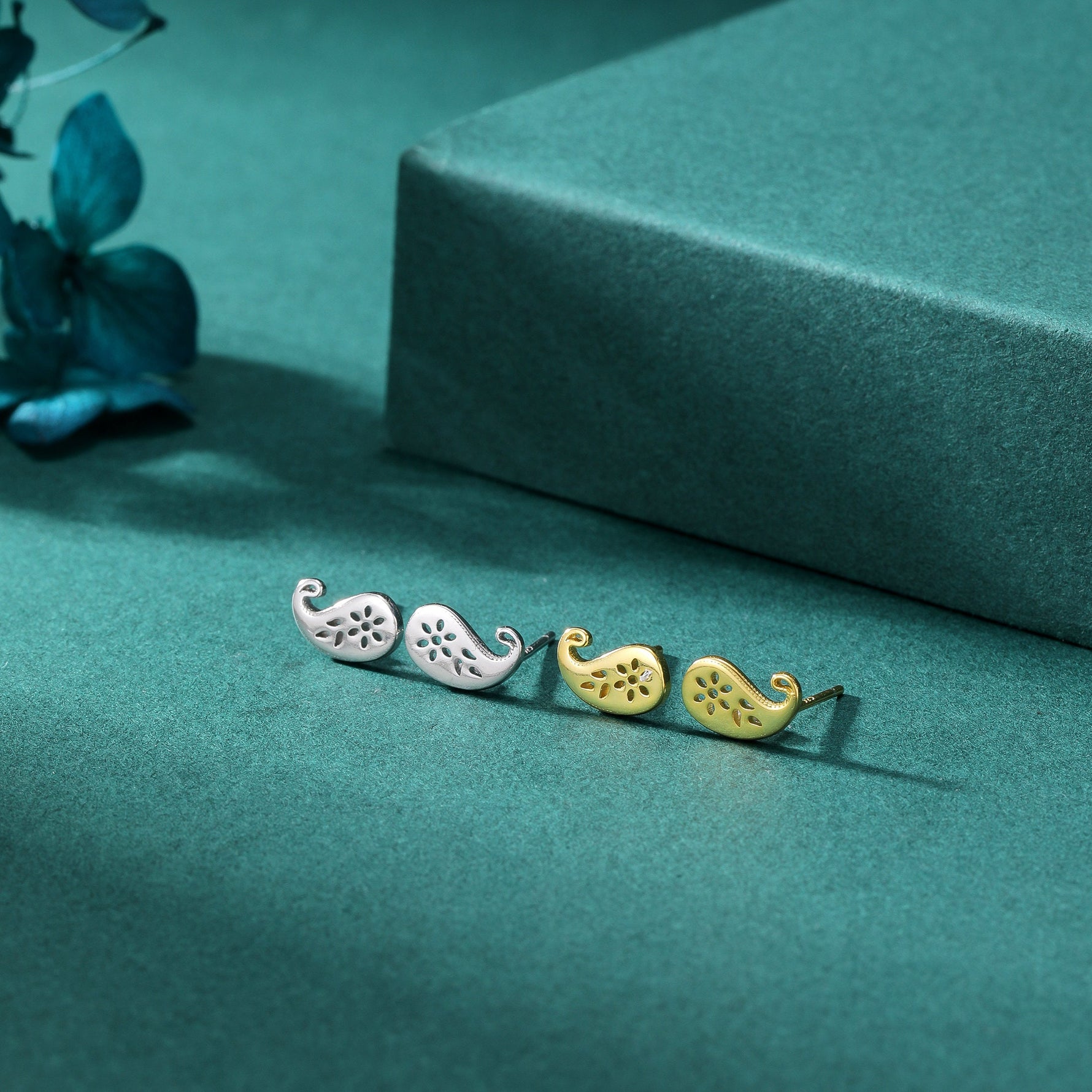 Paisley Pattern Stud Earrings in Sterling Silver, Silver or Gold, Small Stacking Earrings