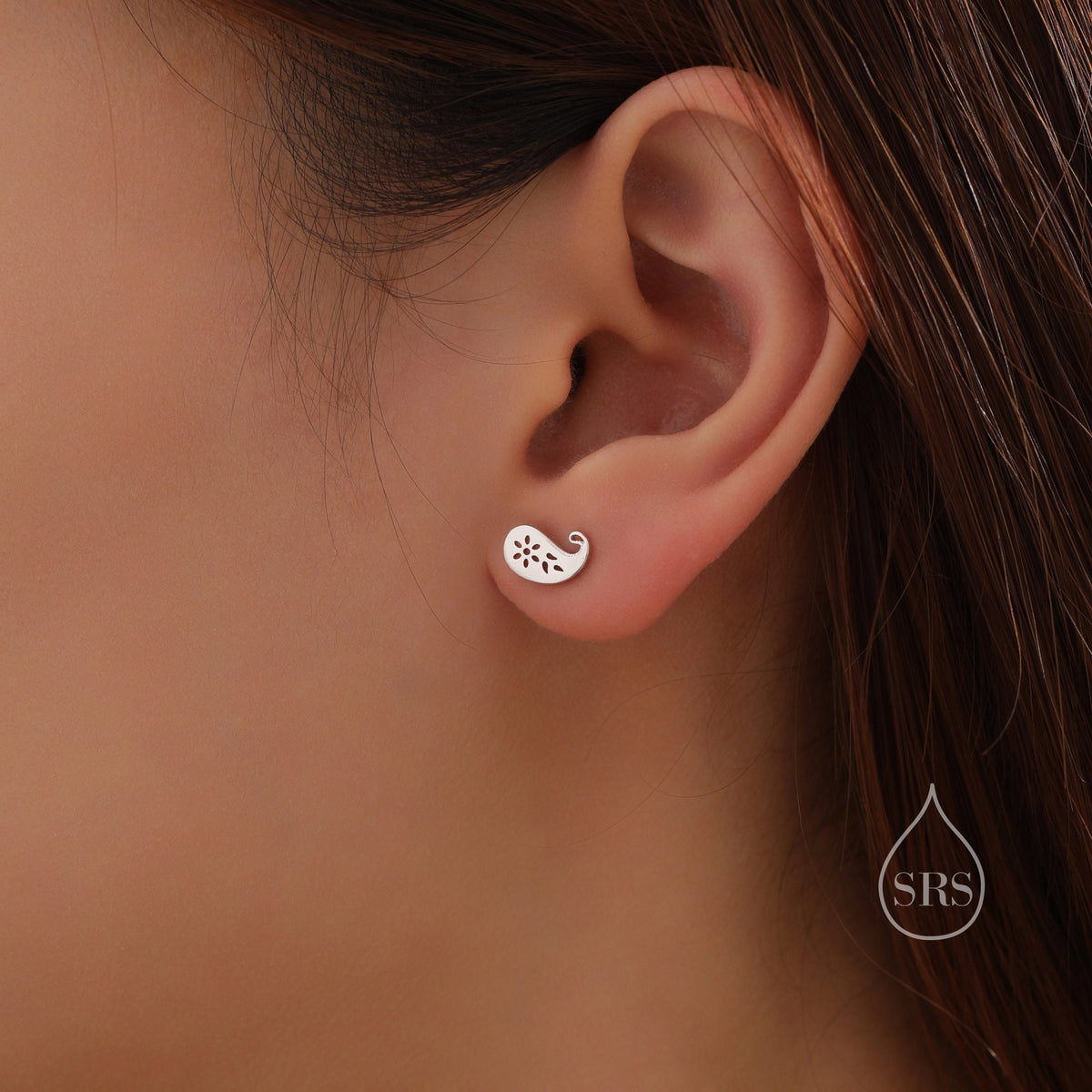 Paisley Pattern Stud Earrings in Sterling Silver, Silver or Gold, Small Stacking Earrings