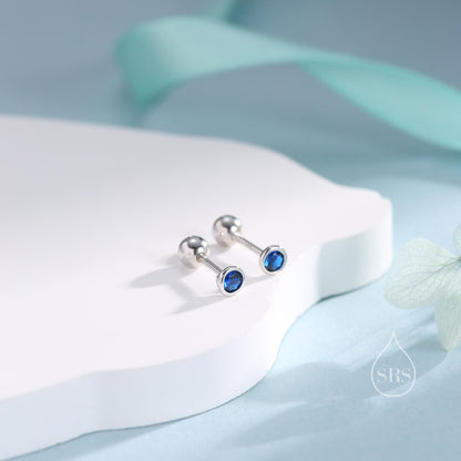 Tiny Sapphire Blue CZ Bezel Screw Back Earrings in Sterling Silver, Silver or Gold, Stacking Earrings, CZ Barbell Earrings, Helix Earring