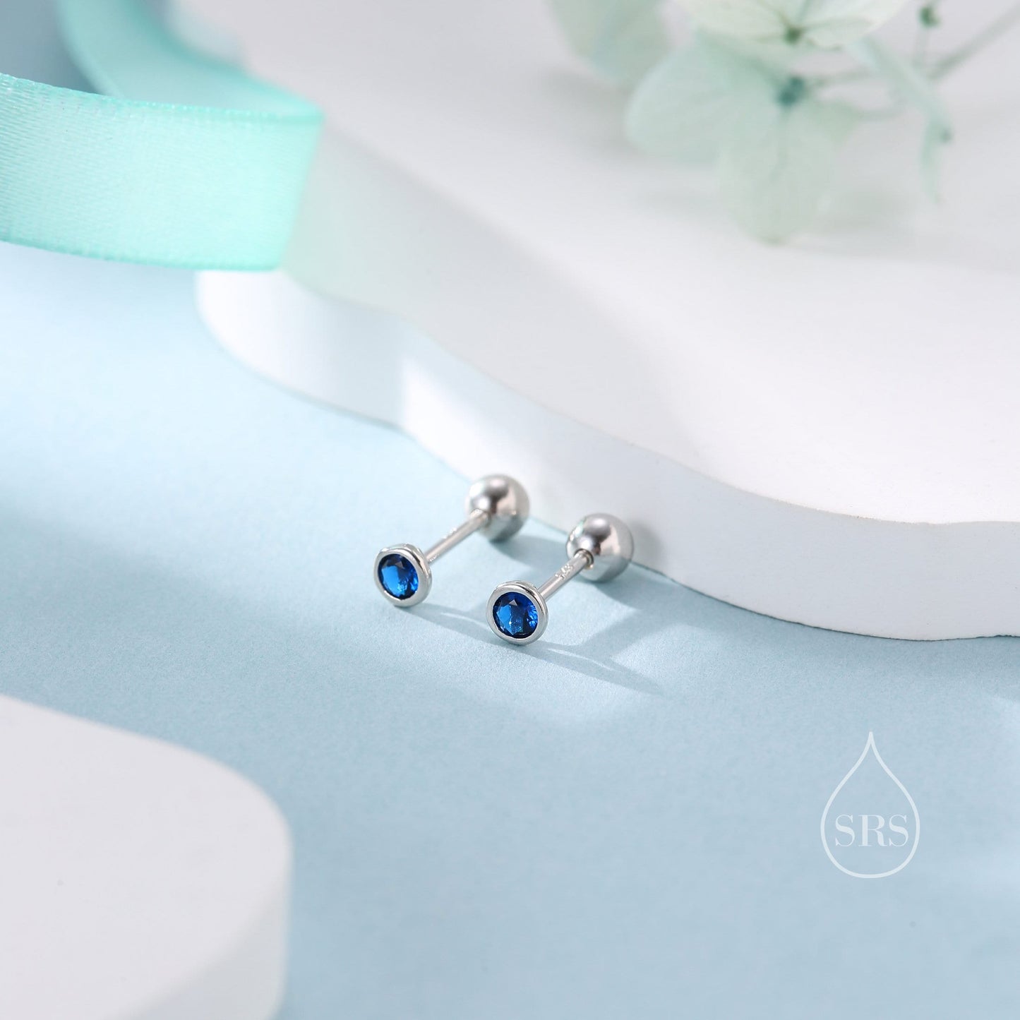 Tiny Sapphire Blue CZ Bezel Screw Back Earrings in Sterling Silver, Silver or Gold, Stacking Earrings, CZ Barbell Earrings, Helix Earring