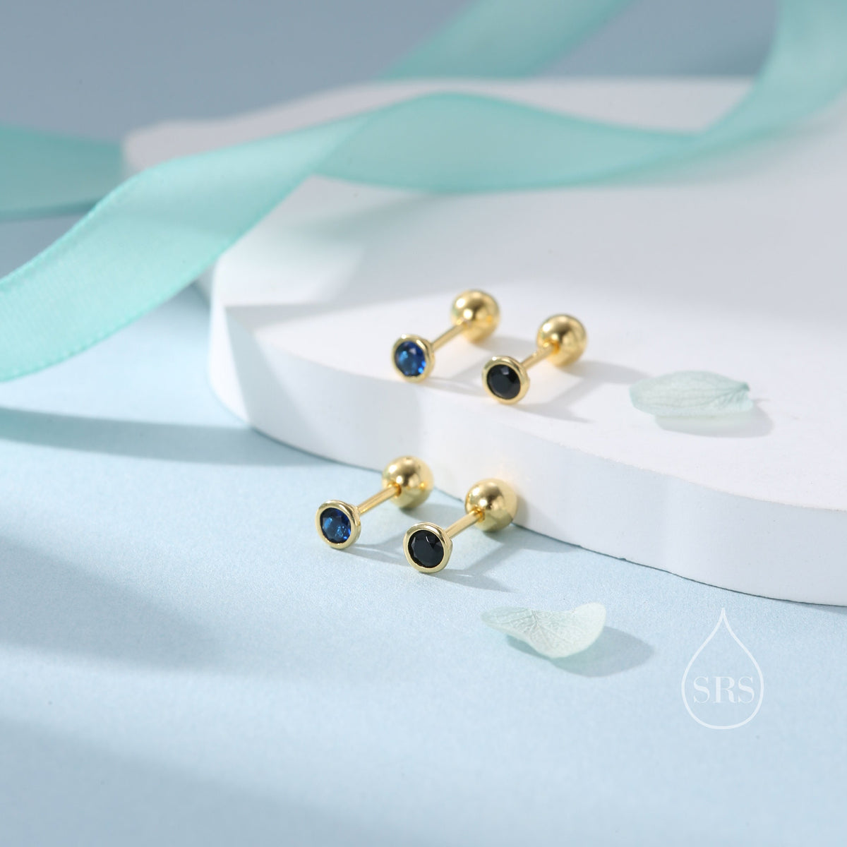 Black CZ Bezel Screw Back / Internally Threaded Flat Back Earrings in Sterling Silver, Silver or Gold or Rose Gold, CZ Barbell Earrings