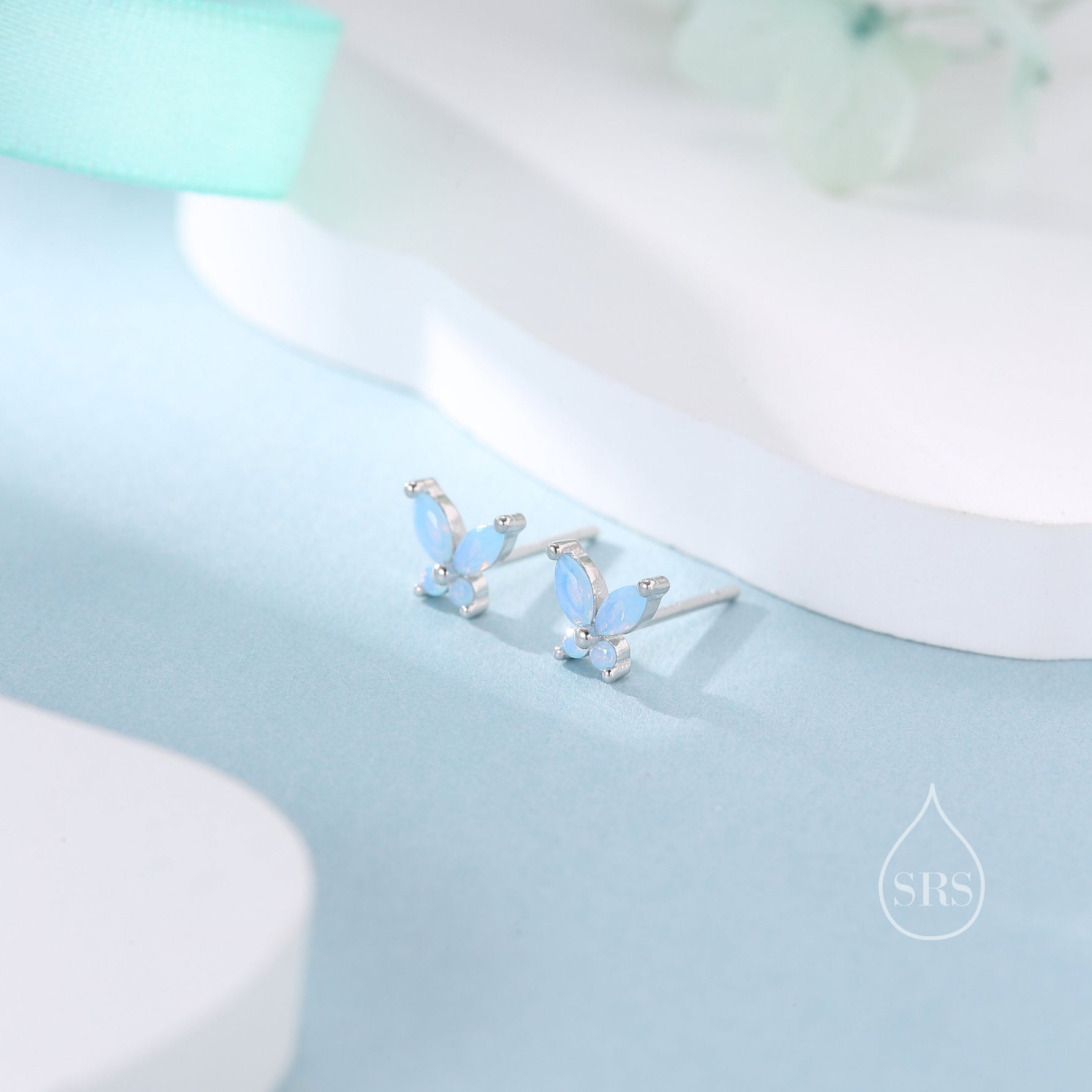 Sterling Silver Opal Blue CZ Butterfly Stud Earrings, Gold or Silver or Rose Gold, Marquise CZ Earrings, Butterfly Earrings