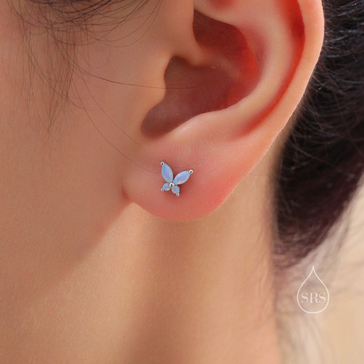 Sterling Silver Opal Blue CZ Butterfly Stud Earrings, Gold or Silver or Rose Gold, Marquise CZ Earrings, Butterfly Earrings