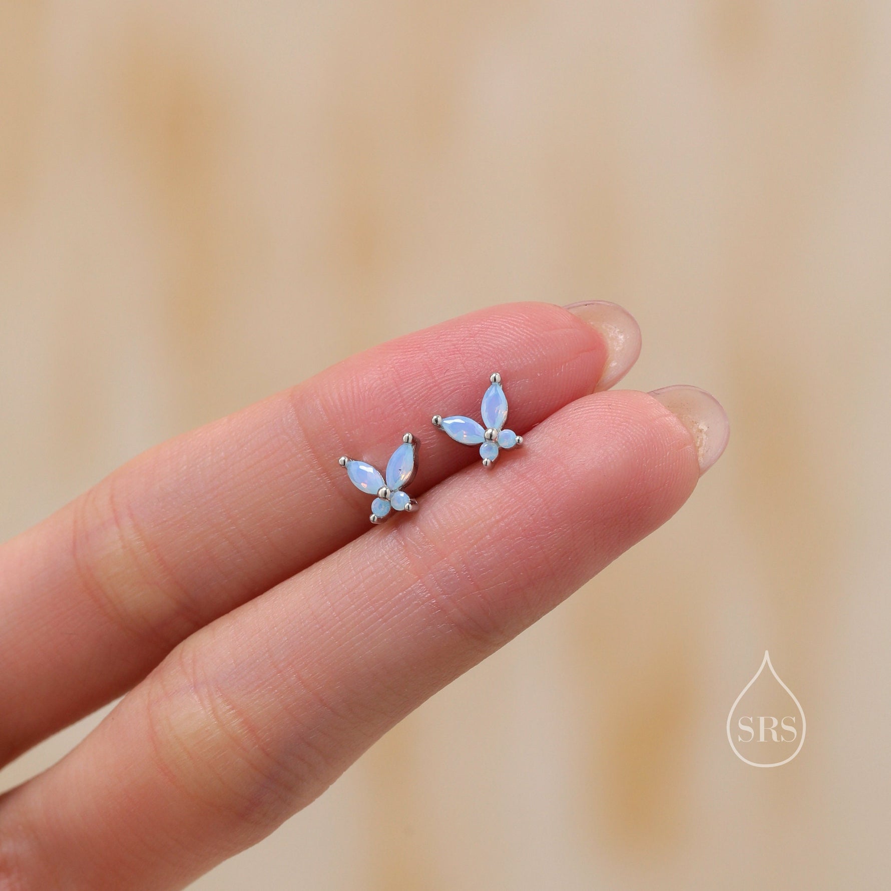 Sterling Silver Opal Blue CZ Butterfly Stud Earrings, Gold or Silver or Rose Gold, Marquise CZ Earrings, Butterfly Earrings