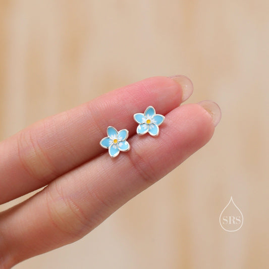 Dainty Forget-me-not Enamel Stud Earrings in Sterling Silver,  Flower Earrings, Blue Blossom Earrings, Forget me not earrings