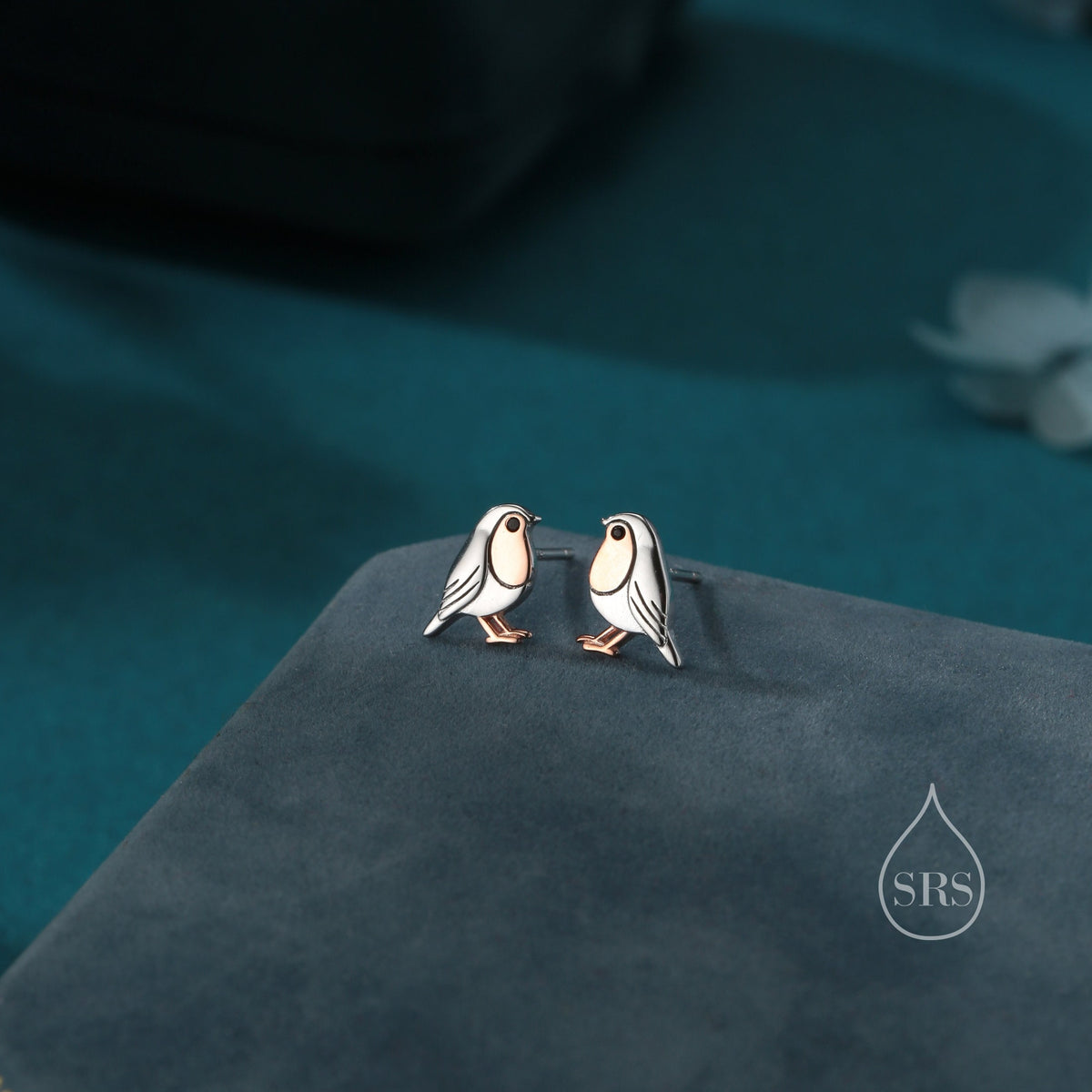 Tiny Robin Bird Stud Earrings in Sterling Silver, Partial Rose Gold Coating, British Bird Earrings, Nature Inspired Animal Earrings