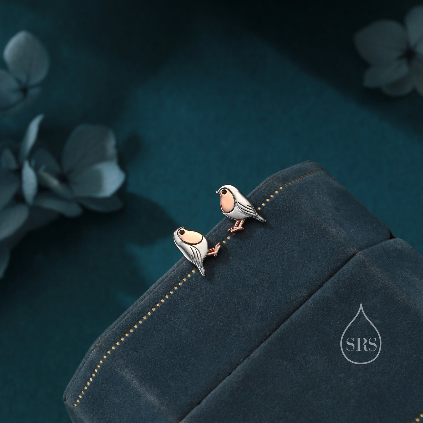 Tiny Robin Bird Stud Earrings in Sterling Silver, Partial Rose Gold Coating, British Bird Earrings, Nature Inspired Animal Earrings