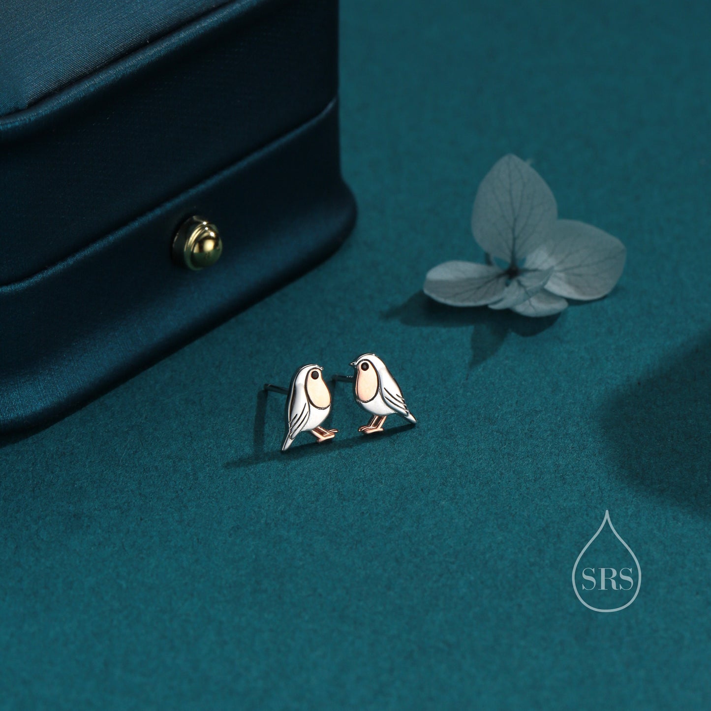 Tiny Robin Bird Stud Earrings in Sterling Silver, Partial Rose Gold Coating, British Bird Earrings, Nature Inspired Animal Earrings