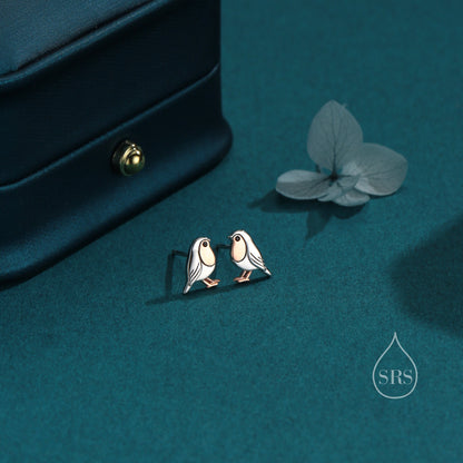 Tiny Robin Bird Stud Earrings in Sterling Silver, Partial Rose Gold Coating, British Bird Earrings, Nature Inspired Animal Earrings