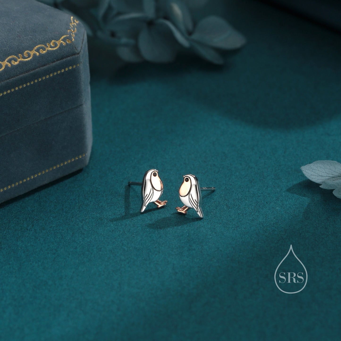Tiny Robin Bird Stud Earrings in Sterling Silver, Partial Rose Gold Coating, British Bird Earrings, Nature Inspired Animal Earrings