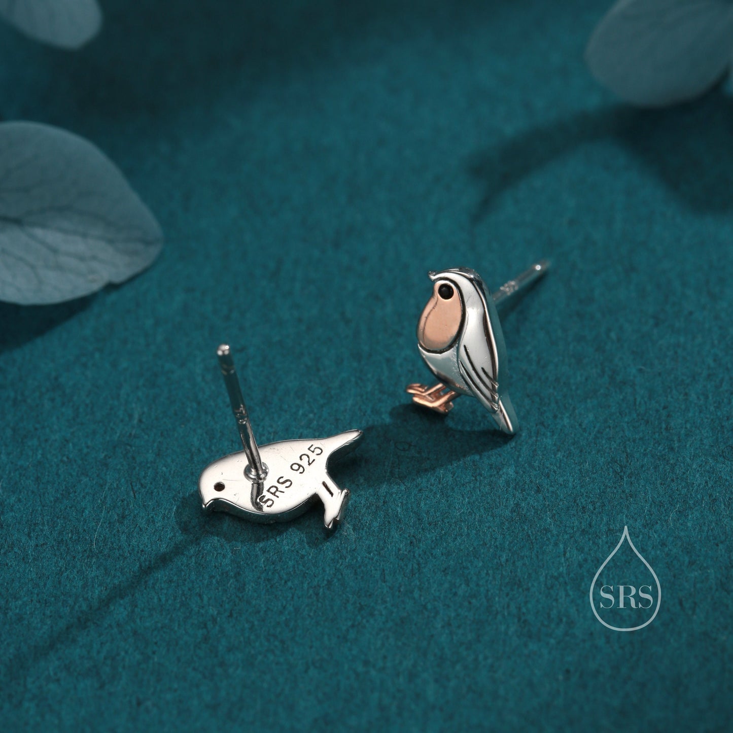 Tiny Robin Bird Stud Earrings in Sterling Silver, Partial Rose Gold Coating, British Bird Earrings, Nature Inspired Animal Earrings