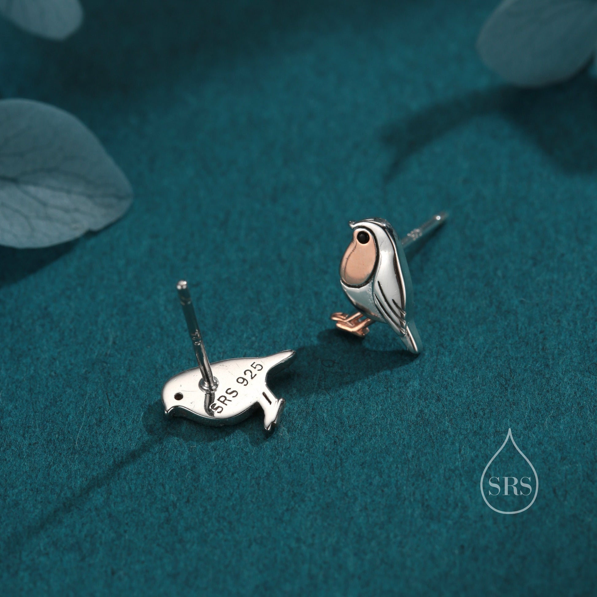 Tiny Robin Bird Stud Earrings in Sterling Silver, Partial Rose Gold Coating, British Bird Earrings, Nature Inspired Animal Earrings