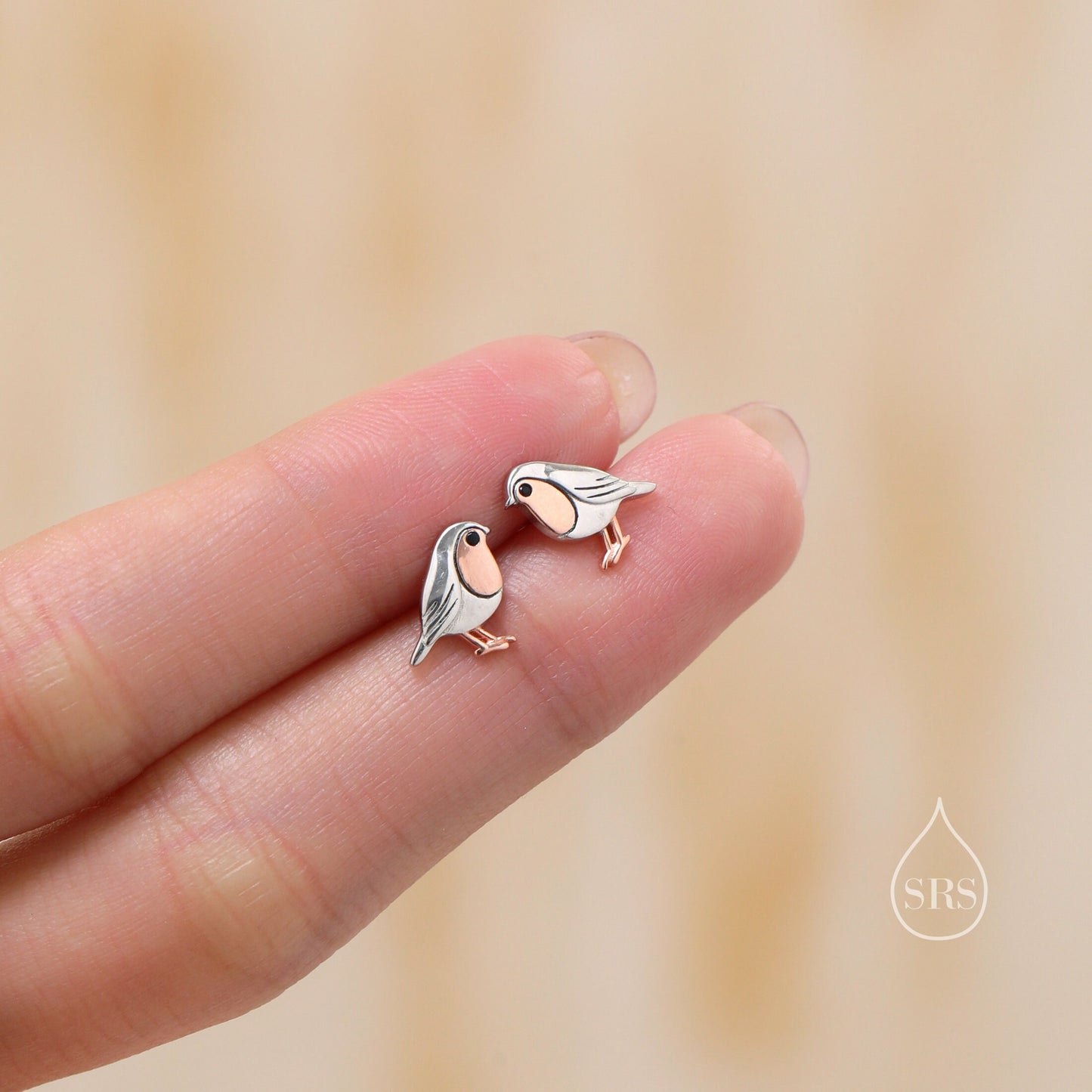 Tiny Robin Bird Stud Earrings in Sterling Silver, Partial Rose Gold Coating, British Bird Earrings, Nature Inspired Animal Earrings