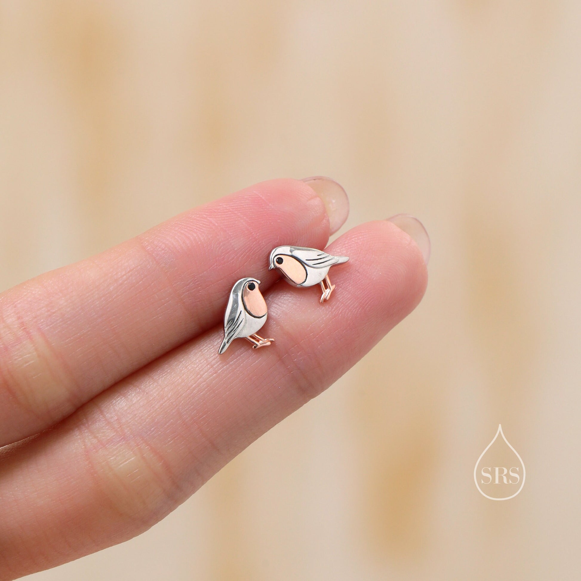 Tiny Robin Bird Stud Earrings in Sterling Silver, Partial Rose Gold Coating, British Bird Earrings, Nature Inspired Animal Earrings