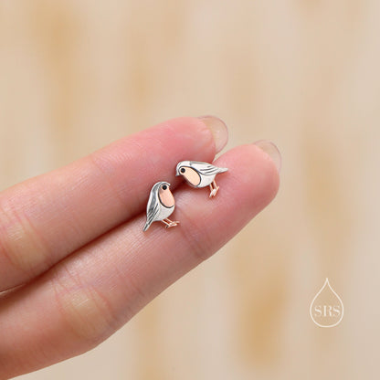 Tiny Robin Bird Stud Earrings in Sterling Silver, Partial Rose Gold Coating, British Bird Earrings, Nature Inspired Animal Earrings