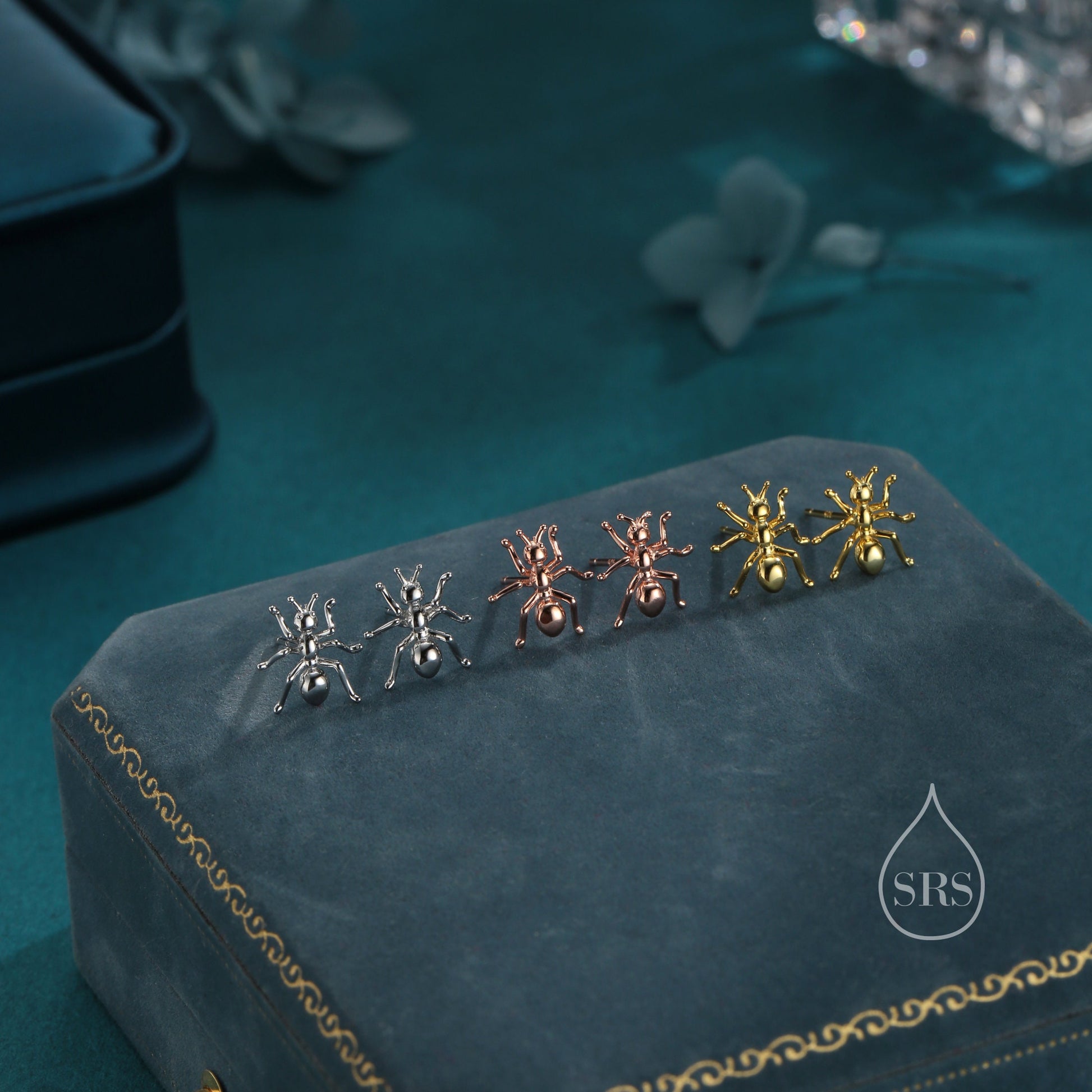 Ant Stud Earrings in Sterling Silver, Silver or Gold or Rose Gold, Ant Insect Animal Earrings, Nature Inspired