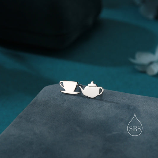 Mismatched Teapot and Tea Stud Earrings in Sterling Silver, Silver or Gold or Rose Gold,  Asymmetric Teacup Earrings,