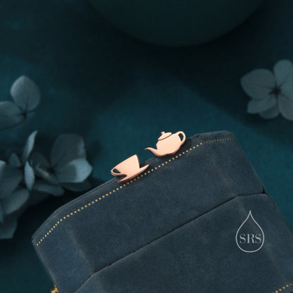 Mismatched Teapot and Tea Stud Earrings in Sterling Silver, Silver or Gold or Rose Gold, Asymmetric Teacup Earrings,