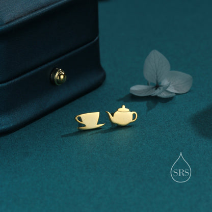 Mismatched Teapot and Tea Stud Earrings in Sterling Silver, Silver or Gold or Rose Gold, Asymmetric Teacup Earrings,