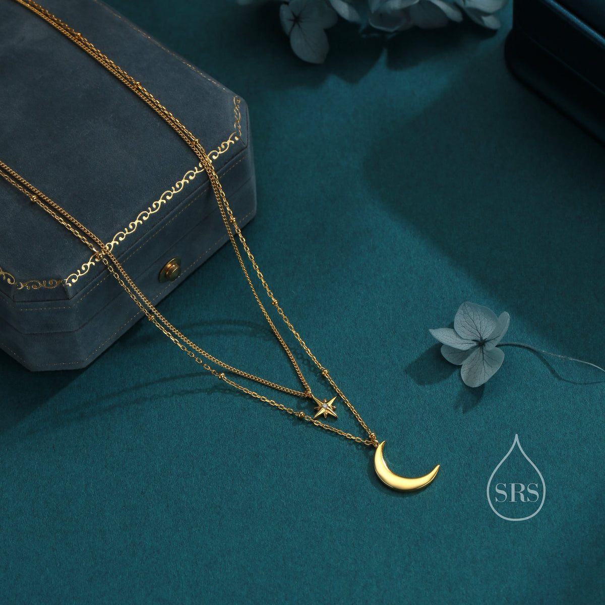 Double Layer Crescent Moon and Star Pendant Necklace in Sterling Silver - New Moon and Starburst Necklace - Gold or Silver or Rose Gold