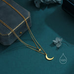 Double Layer Crescent Moon and Star Pendant Necklace in Sterling Silver - New Moon and Starburst Necklace - Gold or Silver or Rose Gold