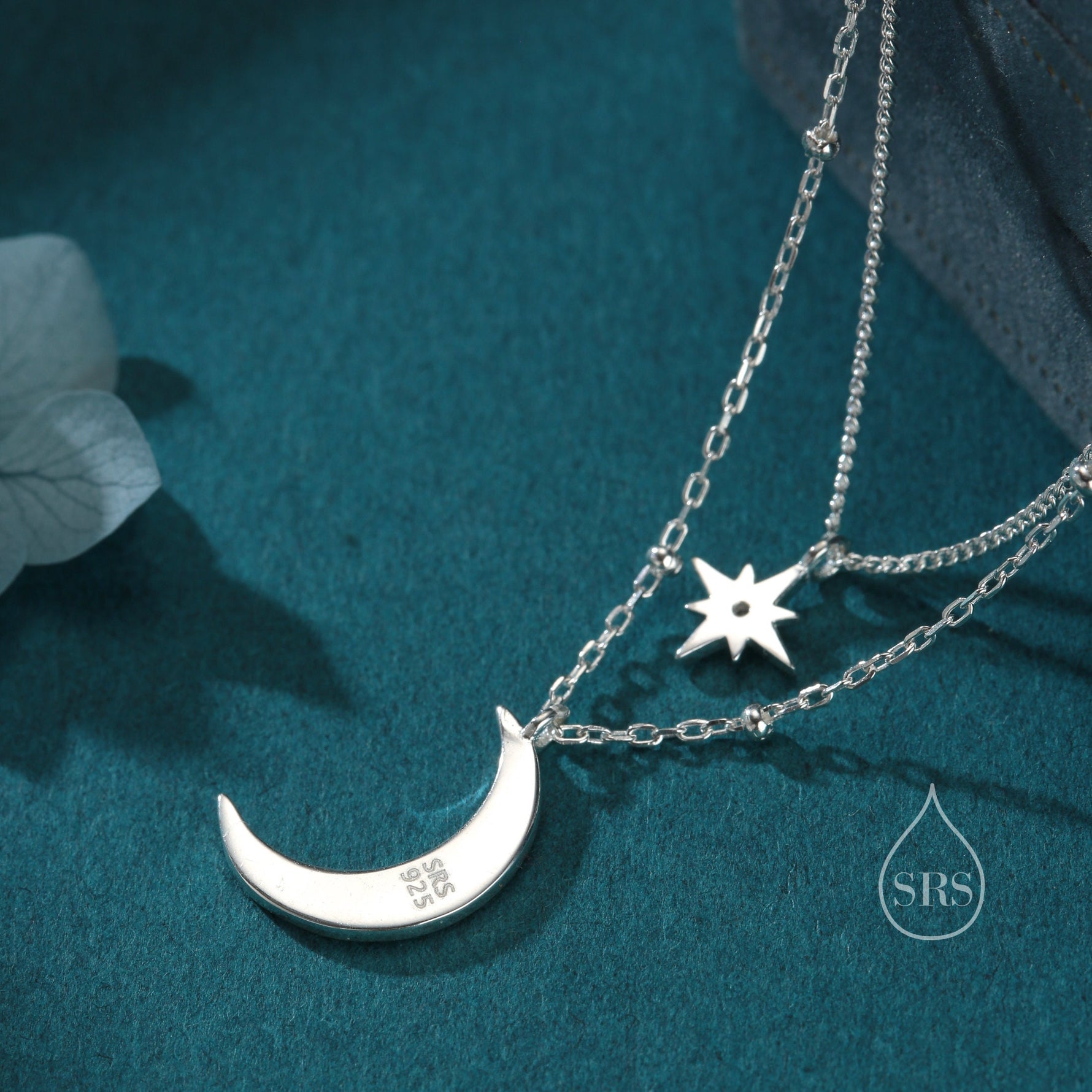 Double Layer Crescent Moon and Star Pendant Necklace in Sterling Silver - New Moon and Starburst Necklace - Gold or Silver or Rose Gold