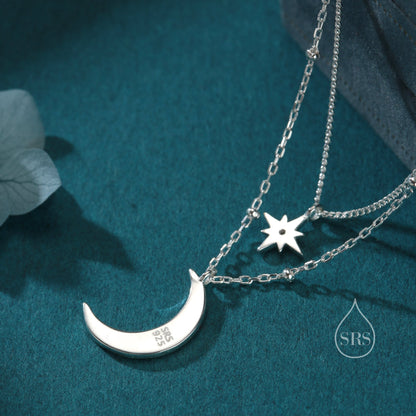 Two Layer Crescent Moon and Star Pendant Necklace in Sterling Silver - Double Layer New Moon and Starburst Necklace