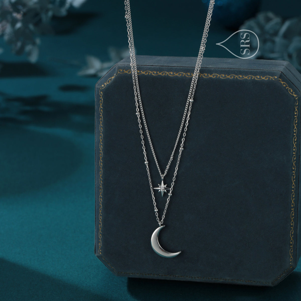 Double Layer Crescent Moon and Star Pendant Necklace in Sterling Silver - New Moon and Starburst Necklace - Gold or Silver or Rose Gold