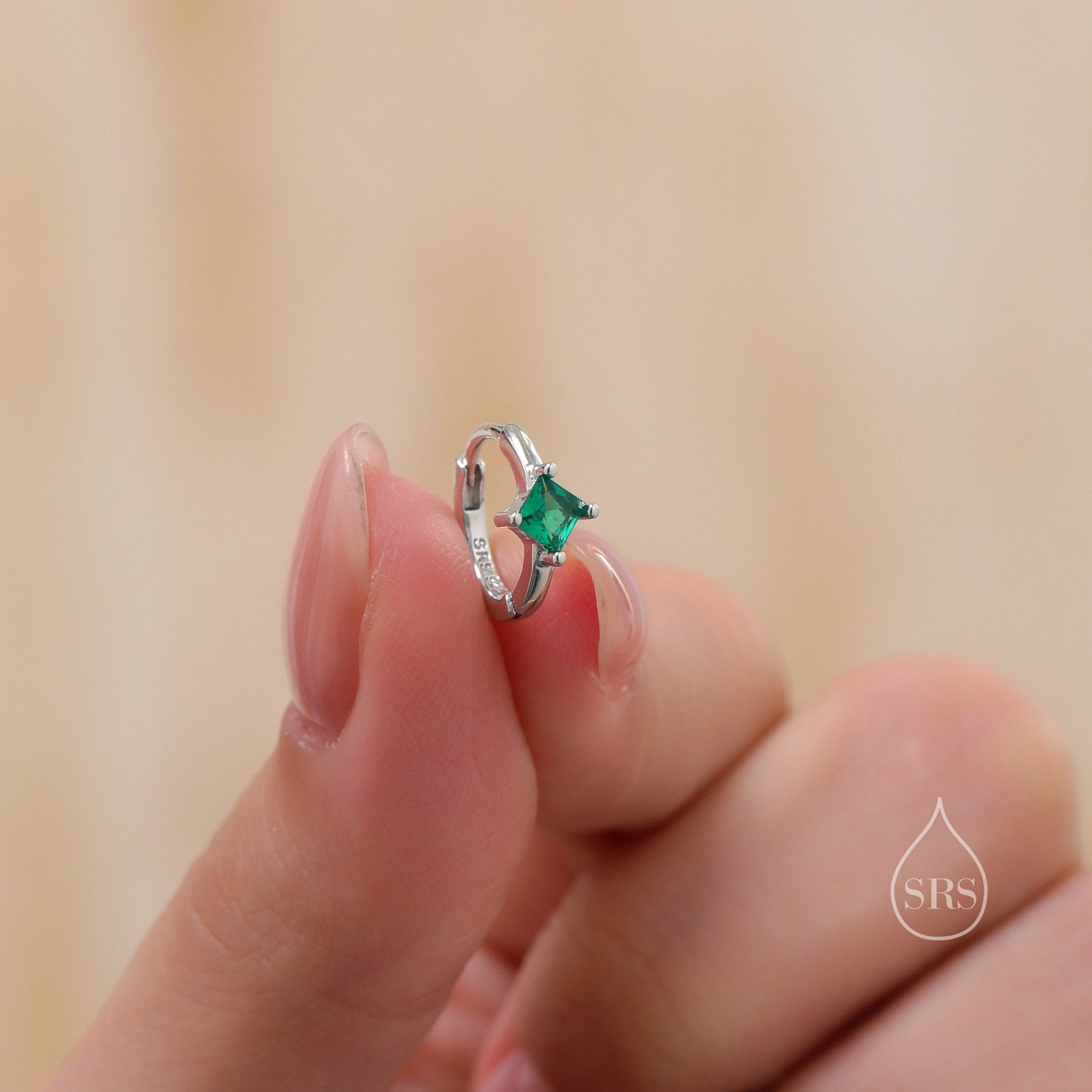 Single Emerald Green CZ Crystal Huggie Hoop in Sterling Silver, Silver or Gold, Minimalist Simple Hoop Earrings