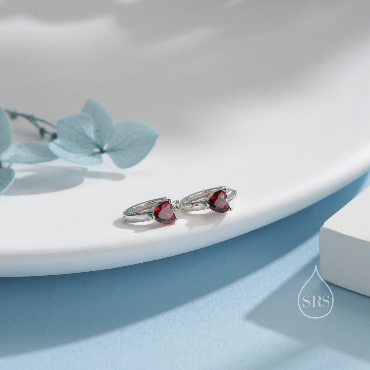 Garnet Red Heart CZ Huggie Hoop in Sterling Silver, Silver or Gold, 8mm Inner Diameter, Stacking Earrings, January Birthstone