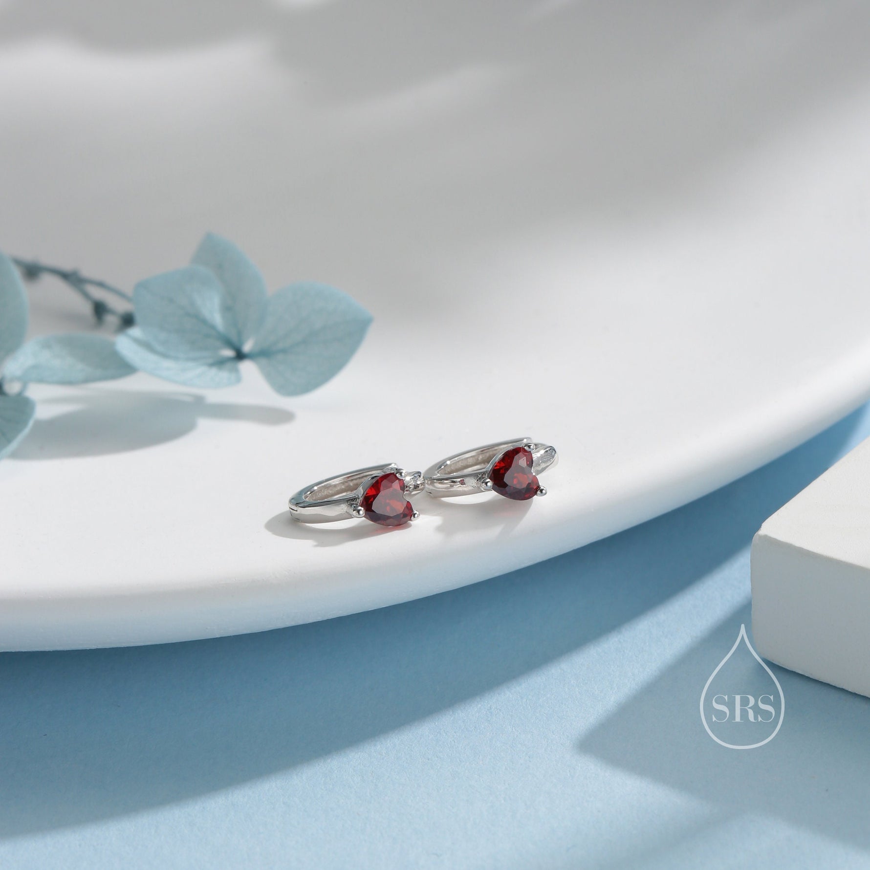 Garnet Red Heart CZ Huggie Hoop in Sterling Silver, Silver or Gold, 8mm Inner Diameter, Stacking Earrings, January Birthstone