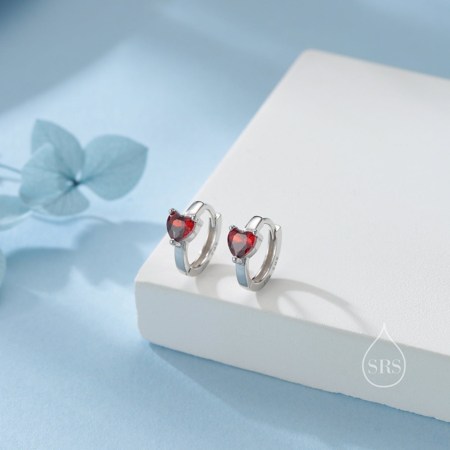 Garnet Red Heart CZ Huggie Hoop in Sterling Silver, Silver or Gold, 8mm Inner Diameter, Stacking Earrings, January Birthstone