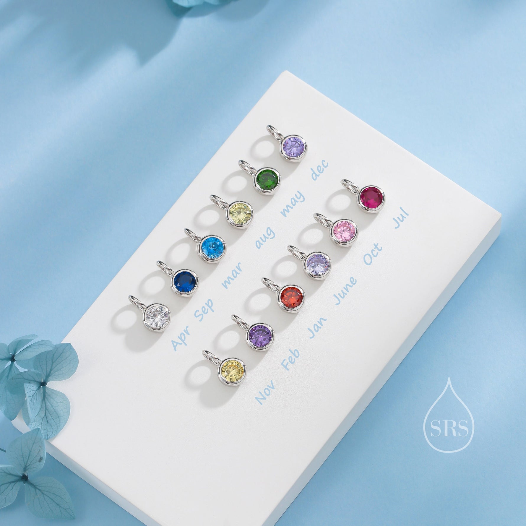 Sterling Silver Family Birthstone Charms, Birthstone Silver Charms, Round CZ Birthstone Charms for Necklaces