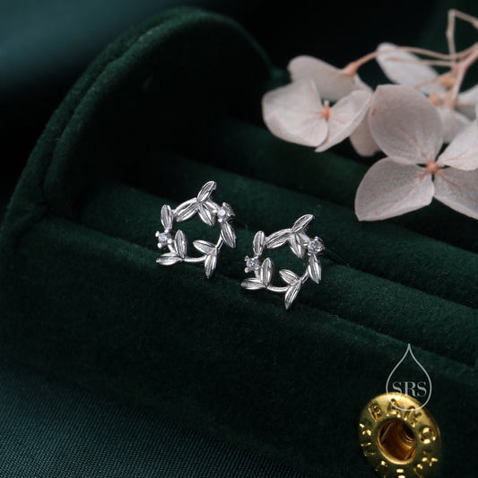 Sterling Silver Tiny Wreath Stud Earrings - Silver or Gold, CZ Circle Flower Stud Earrings, Wedding, Bridal, Christmas Earrings