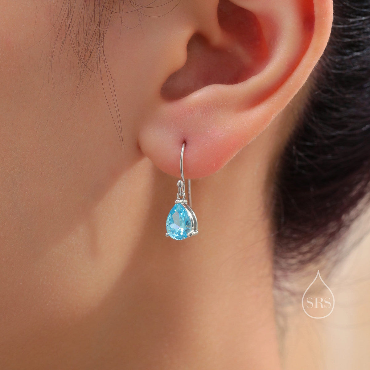 Sterling Silver Ocean Blue CZ Droplet Drop Earrings in Sterling Silver, Silver or Gold,Pear Shape 6x8mm Cubic Zirconia Hook Earrings