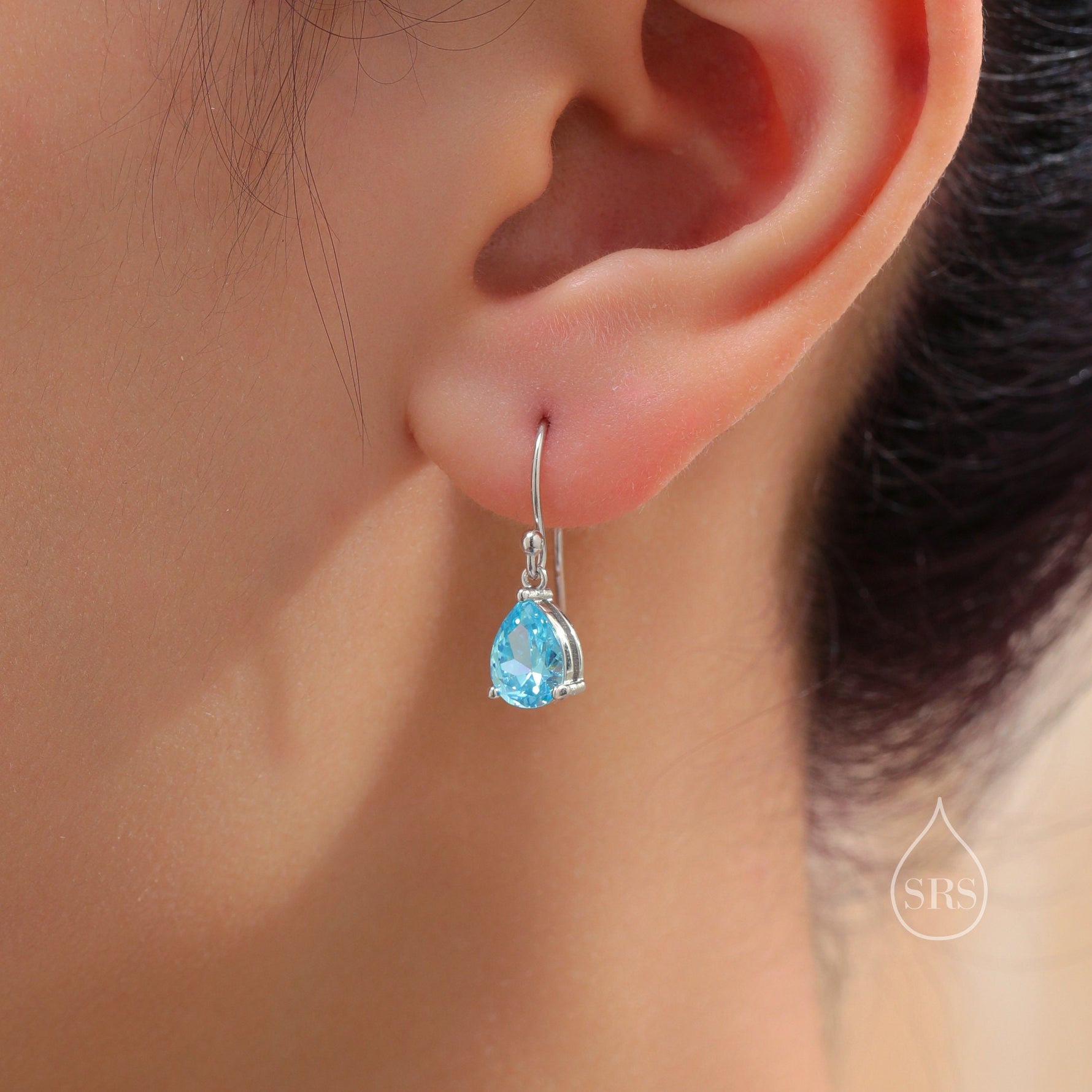 Sterling Silver Topaz Blue CZ Droplet Drop Earrings in Sterling Silver, Silver or Gold, Pear Shape 6x8mm Cubic Zirconia Hook Earrings
