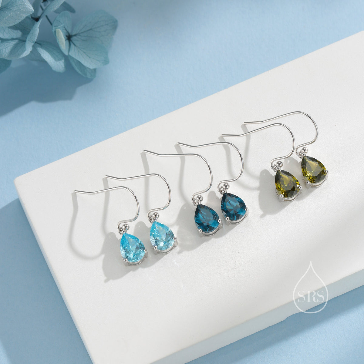 Sterling Silver Olive Green CZ Droplet Drop Earrings in Sterling Silver, Silver or Gold, Pear Shape Cubic Zirconia Hook Earrings