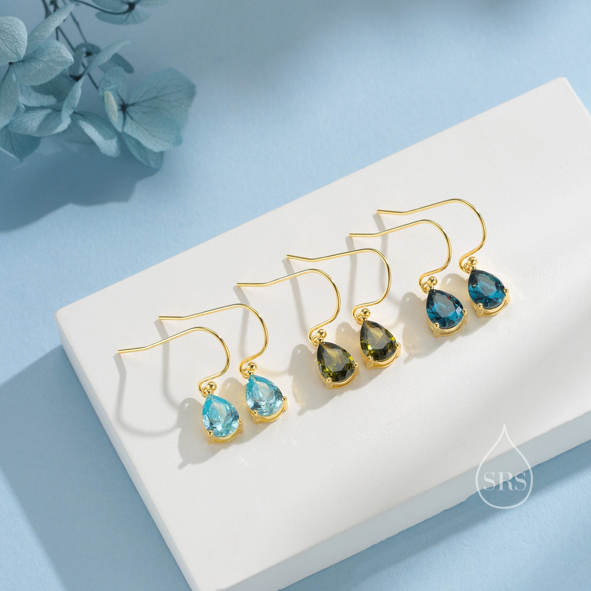 Sterling Silver Olive Green CZ Droplet Drop Earrings in Sterling Silver, Silver or Gold, Pear Shape Cubic Zirconia Hook Earrings