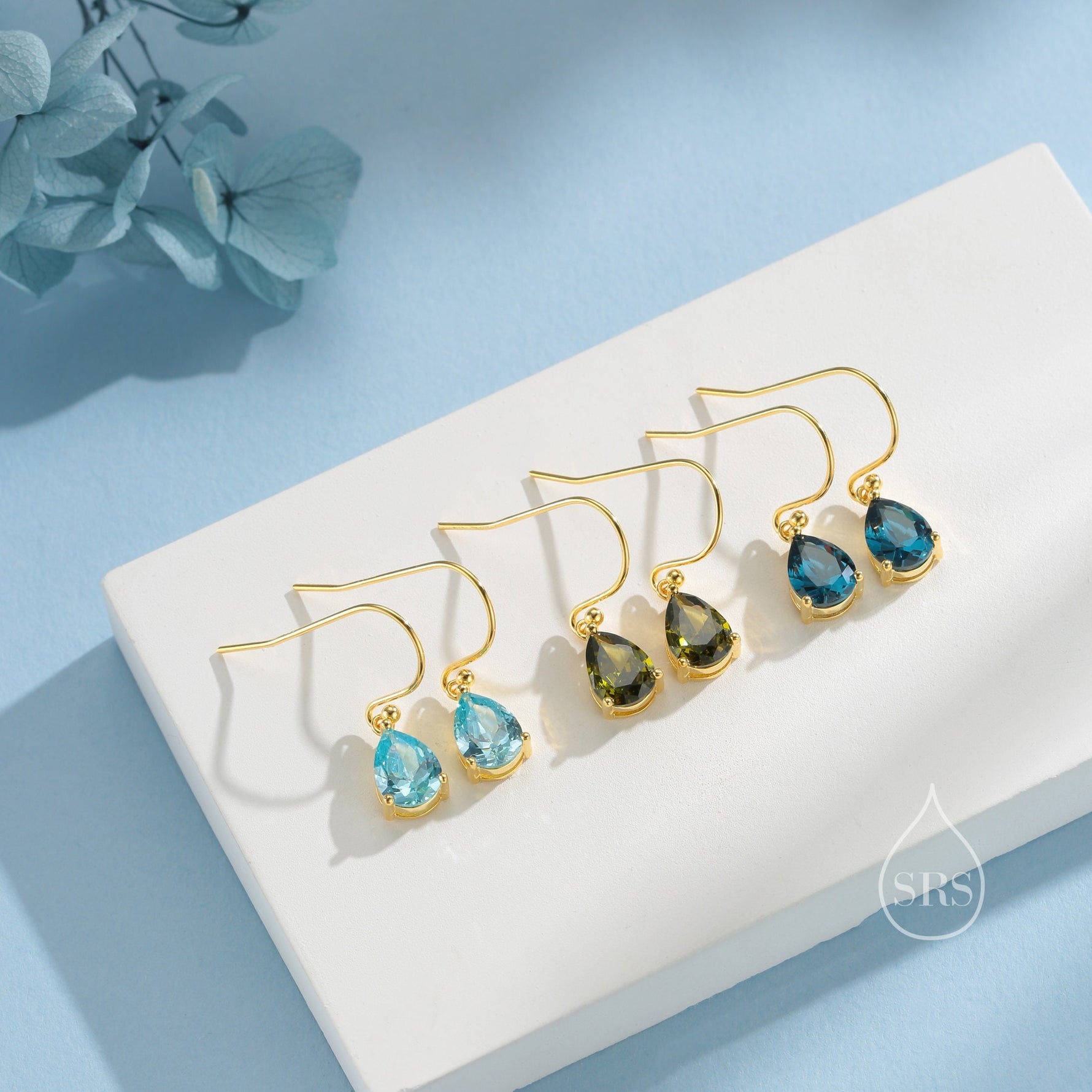 Sterling Silver Olive Green CZ Droplet Drop Earrings in Sterling Silver, Silver or Gold, Pear Shape Cubic Zirconia Hook Earrings