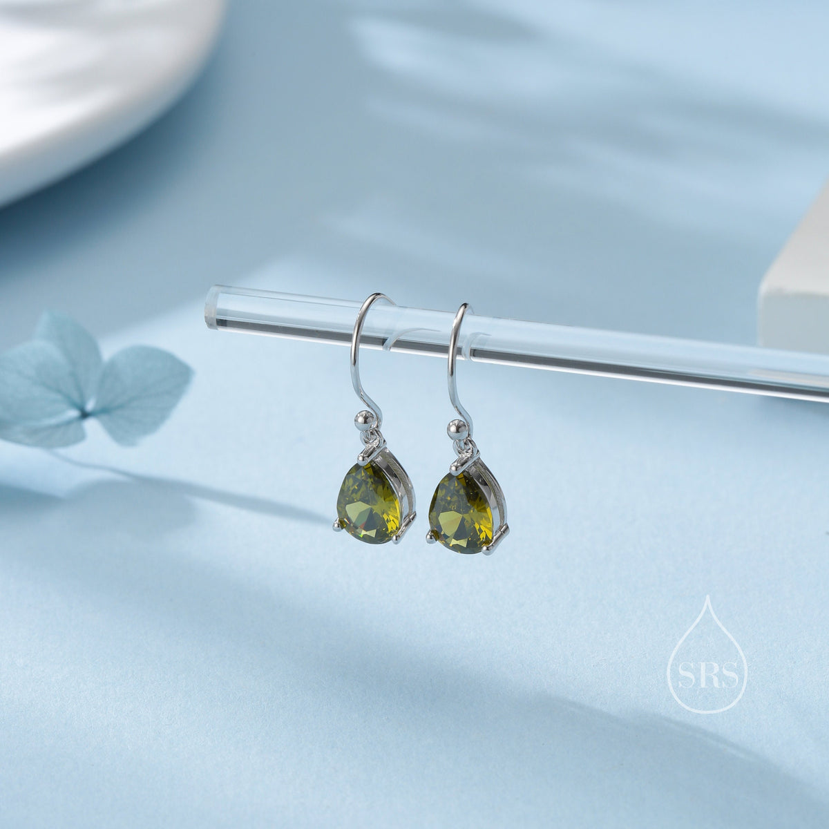 Sterling Silver Olive Green CZ Droplet Drop Earrings in Sterling Silver, Silver or Gold, Pear Shape Cubic Zirconia Hook Earrings