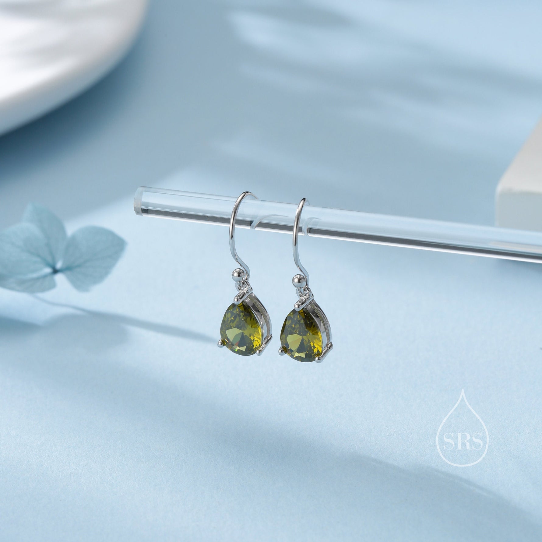 Sterling Silver Olive Green CZ Droplet Drop Earrings in Sterling Silver, Silver or Gold, Pear Shape Cubic Zirconia Hook Earrings