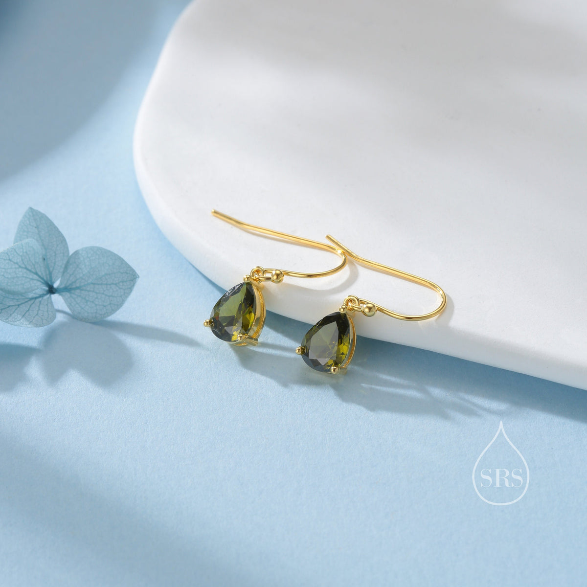 Sterling Silver Olive Green CZ Droplet Drop Earrings in Sterling Silver, Silver or Gold, Pear Shape Cubic Zirconia Hook Earrings