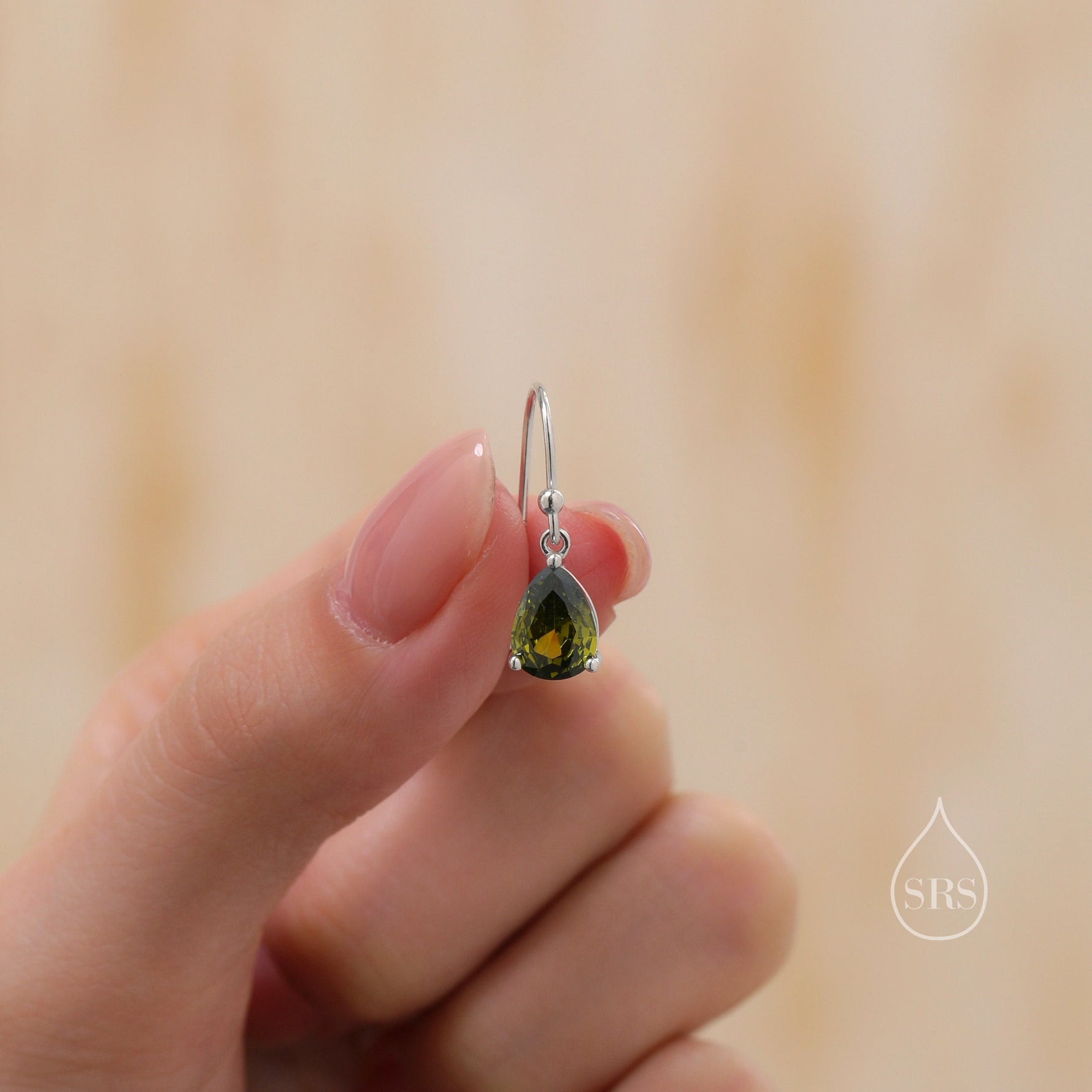 Sterling Silver Olive Green CZ Droplet Drop Earrings in Sterling Silver, Silver or Gold, Pear Shape Cubic Zirconia Hook Earrings