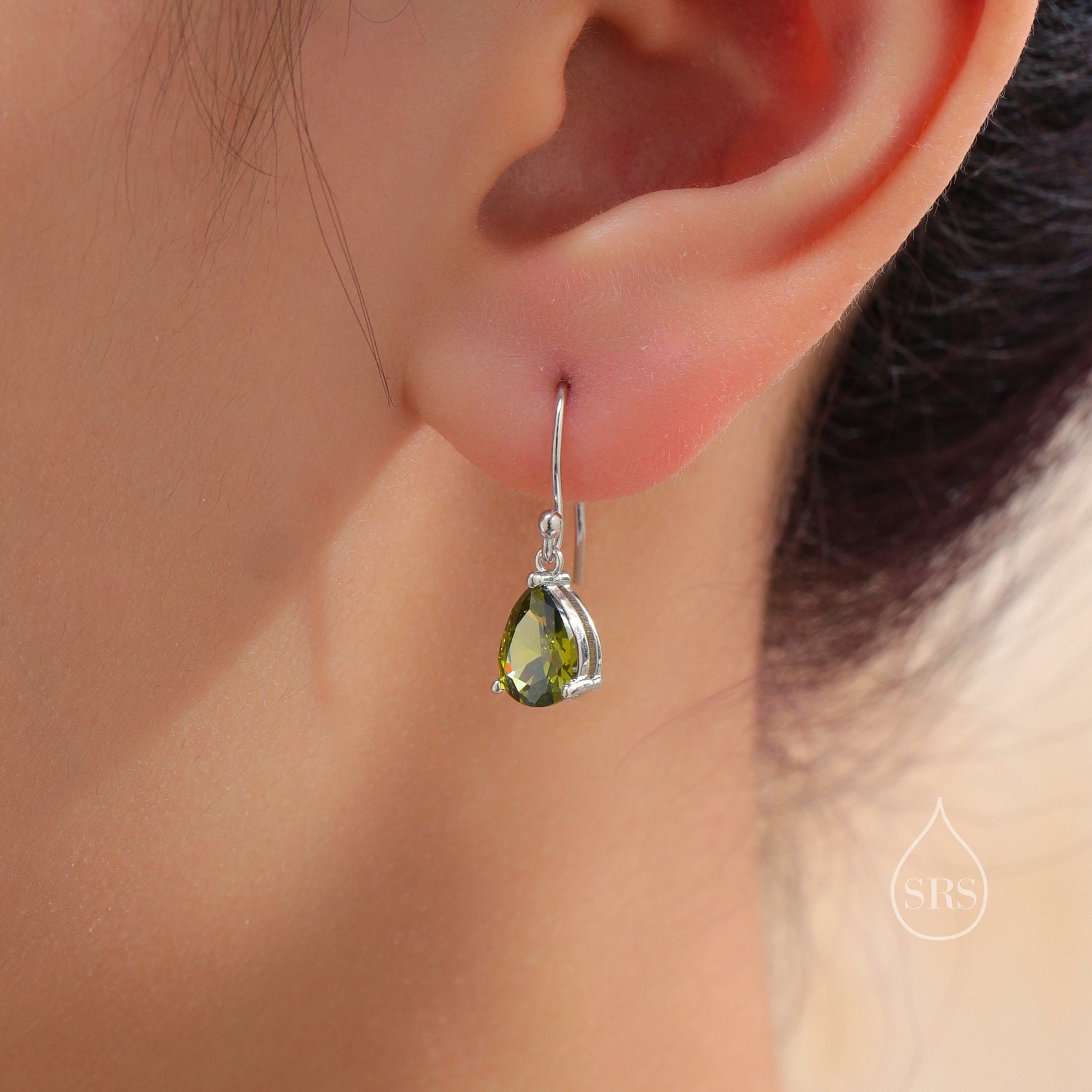 Sterling Silver Olive Green CZ Droplet Drop Earrings in Sterling Silver, Silver or Gold, Pear Shape Cubic Zirconia Hook Earrings