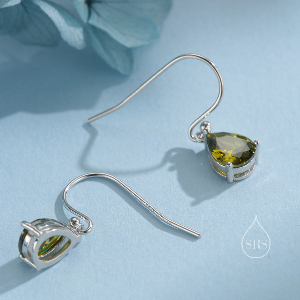 Sterling Silver Olive Green CZ Droplet Drop Earrings in Sterling Silver, Silver or Gold, Pear Shape Cubic Zirconia Hook Earrings
