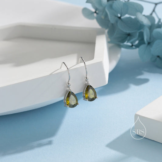 Sterling Silver Olive Green CZ Droplet Drop Earrings in Sterling Silver, Silver or Gold, Pear Shape Cubic Zirconia Hook Earrings