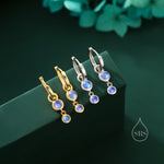 Double Moonstone Dangle Huggie Hoop Earrings in Sterling Silver, Simulated Moonstone Hoops, Silver or Gold, Detachable Charms