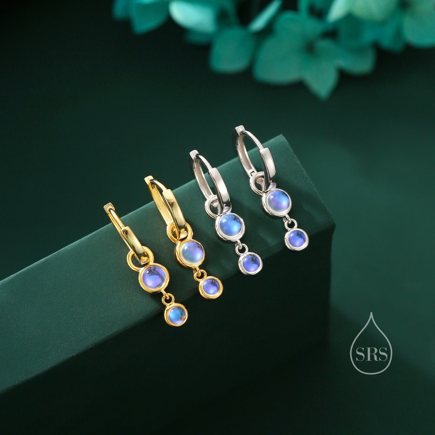 Double Moonstone Dangle Huggie Hoop Earrings in Sterling Silver, Simulated Moonstone Hoops, Silver or Gold, Detachable Charms