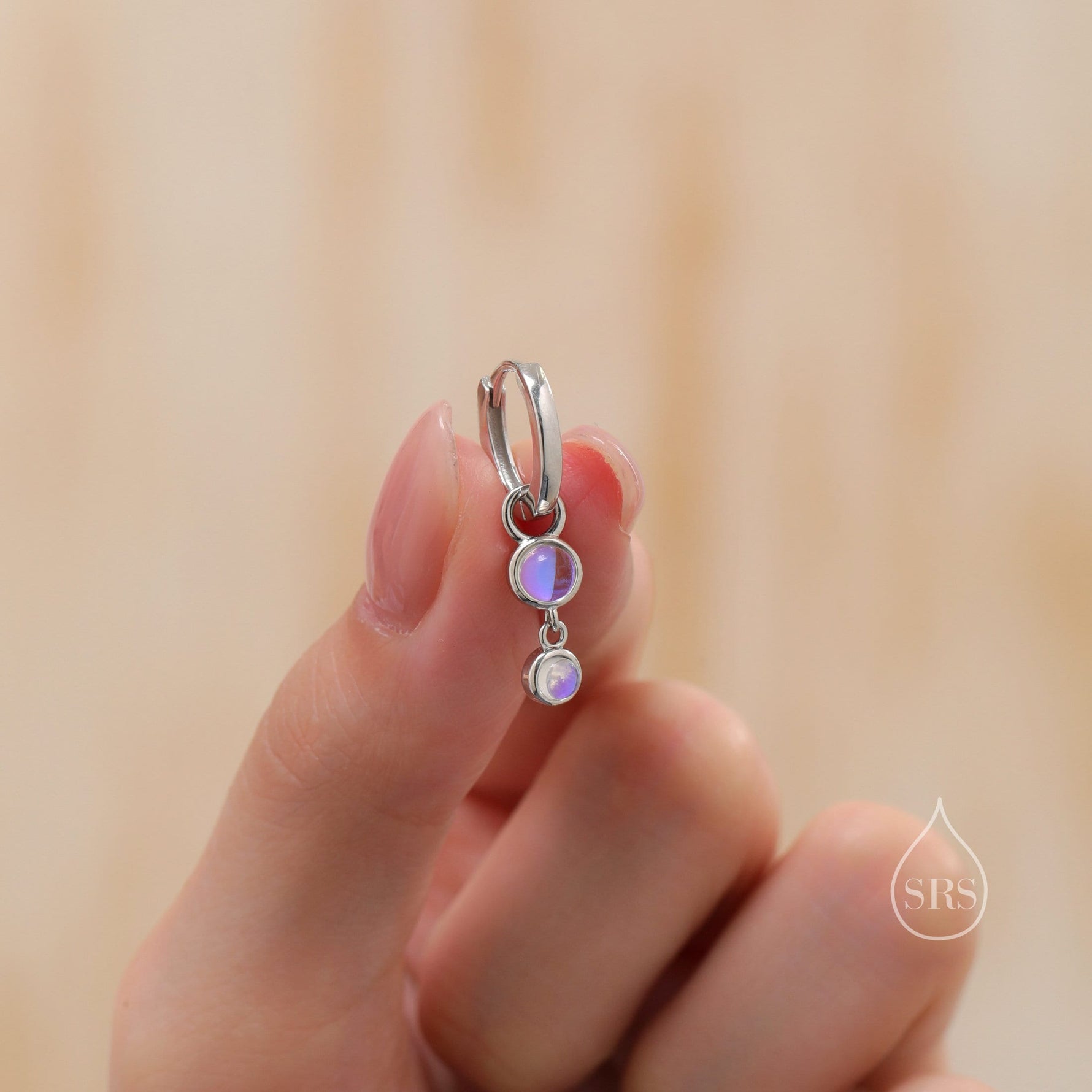 Double Moonstone Dangle Huggie Hoop Earrings in Sterling Silver, Simulated Moonstone Hoops, Silver or Gold, Detachable Charms
